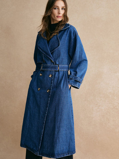 Großer Denim-Trenchcoat Oversized Lässig Blau