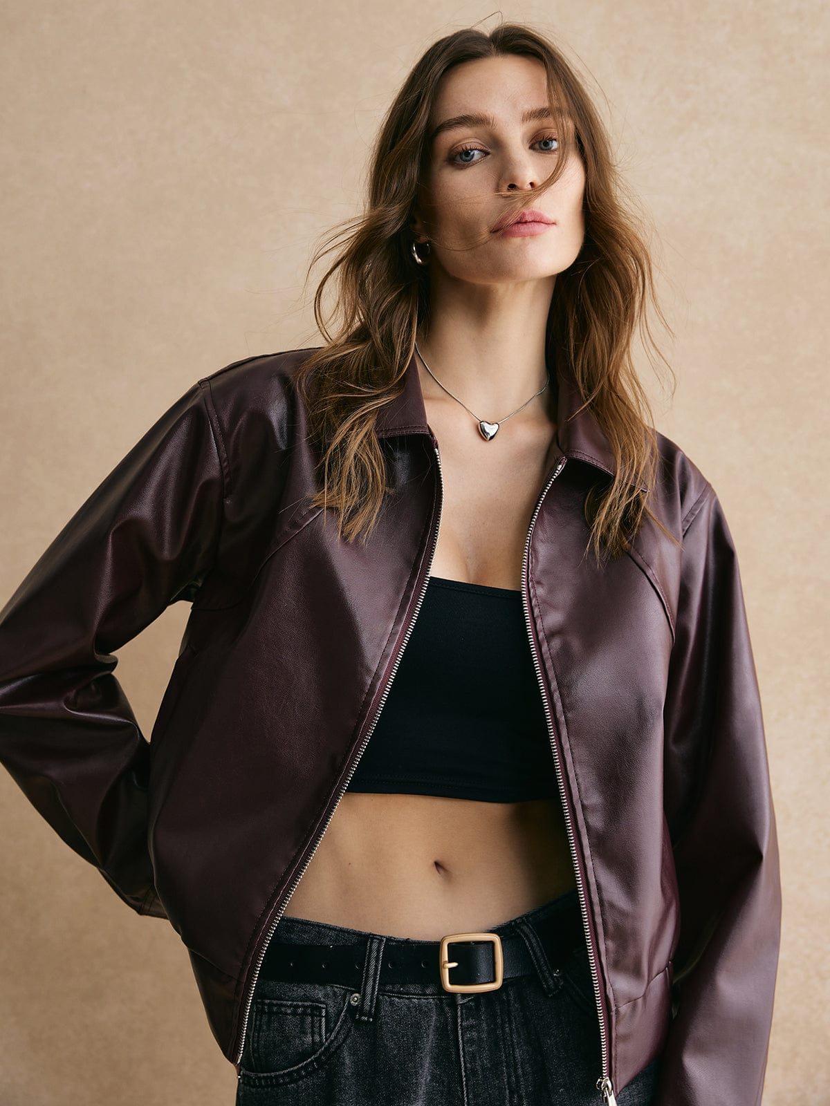 Damen Lederjacke Cropped Modern Elegant