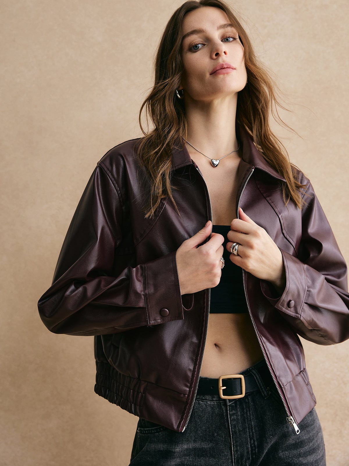 Damen Lederjacke Cropped Modern Elegant