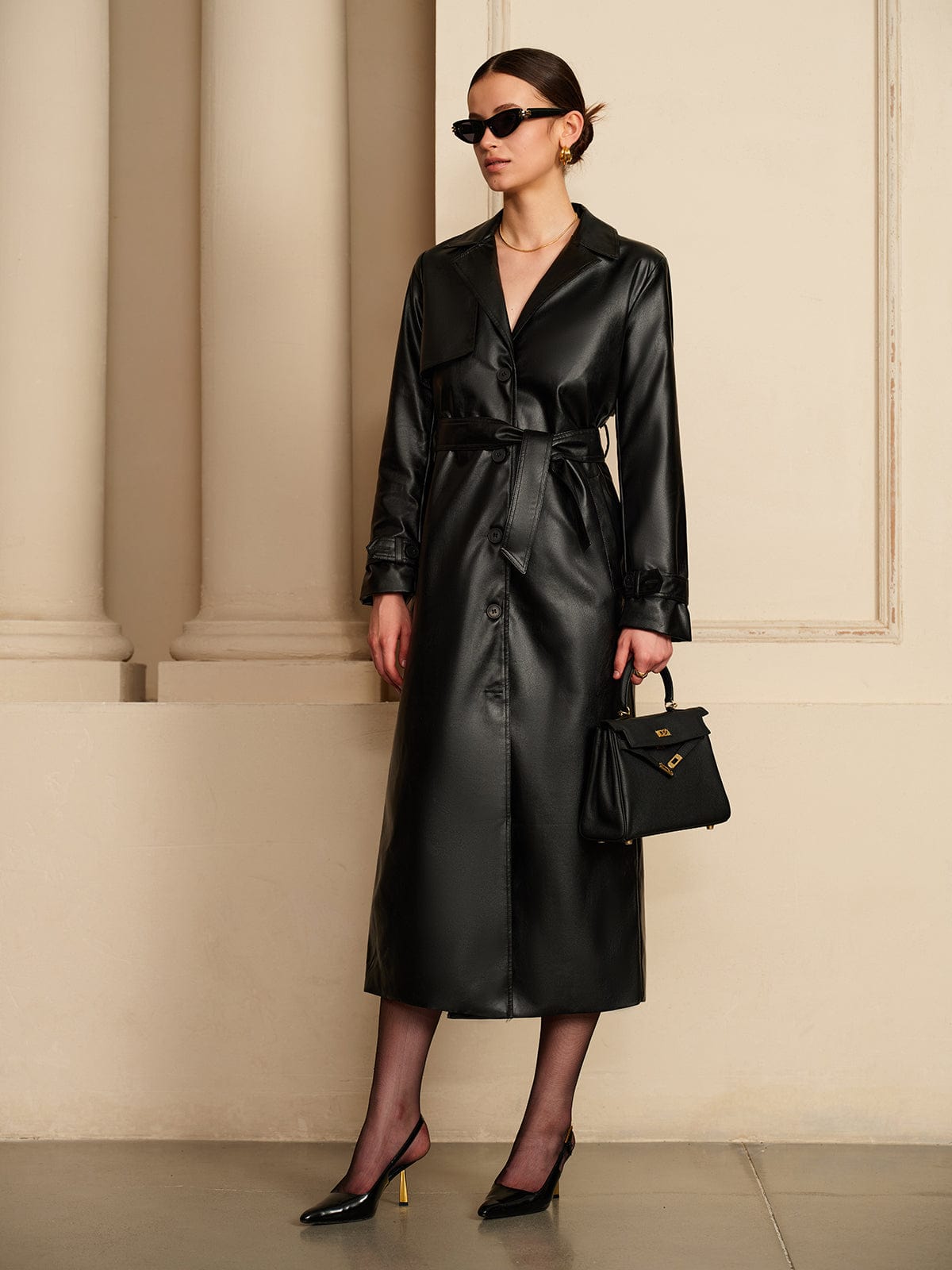 Damen Leder-Trenchcoat Elegant Nappa-Leder Schwarz - Norvielle
