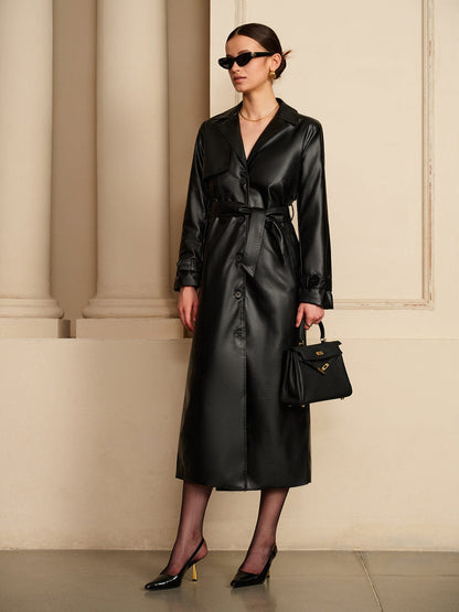Damen Leder-Trenchcoat Elegant Nappa-Leder Schwarz - Norvielle