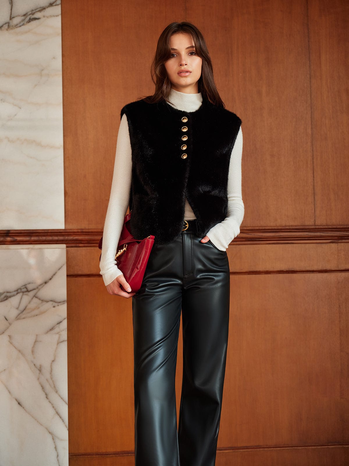 Synthetik-Pelz-Gilet Damen Rundhals Kurz Modern