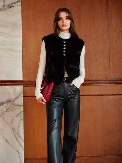 Synthetik-Pelz-Gilet Damen Rundhals Kurz Modern