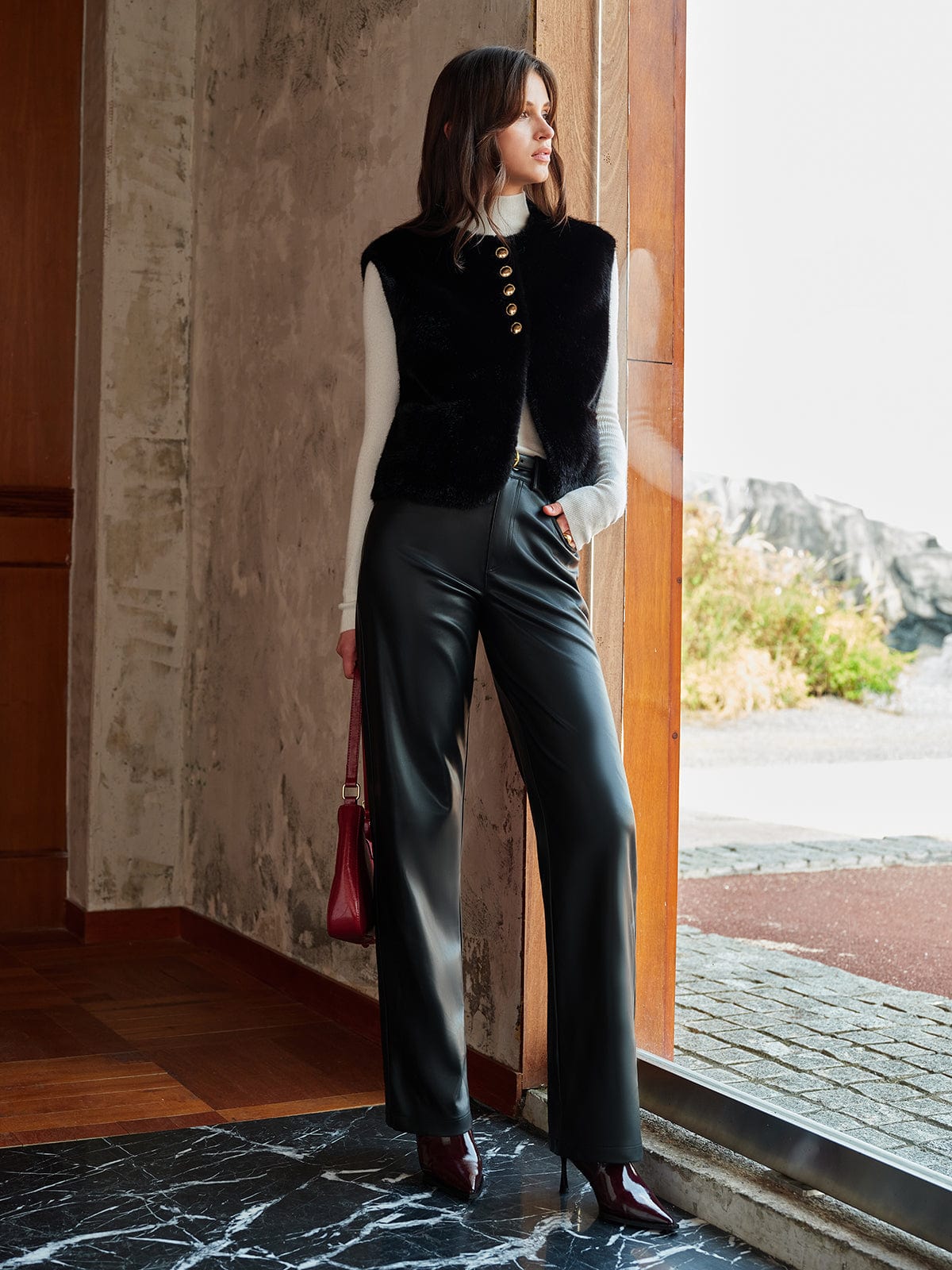 Synthetik-Pelz-Gilet Damen Rundhals Kurz Modern