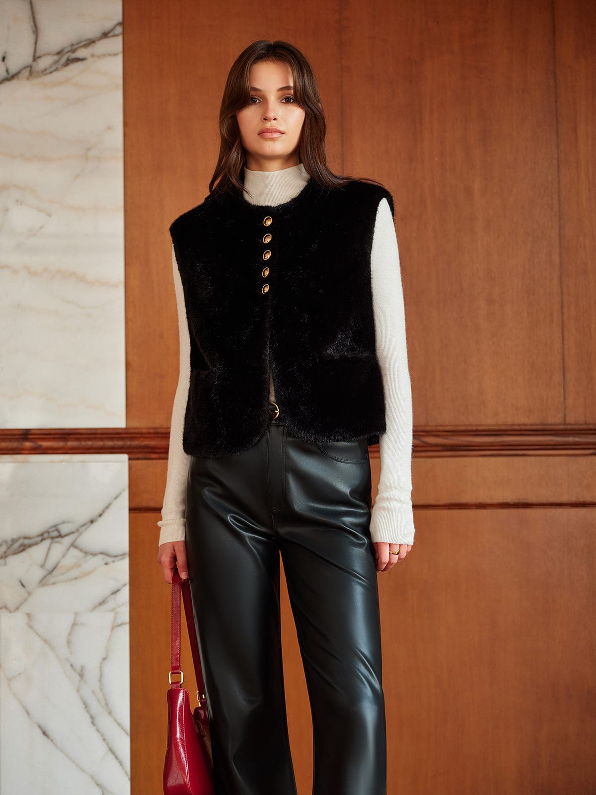 Synthetik-Pelz-Gilet Damen Rundhals Kurz Modern