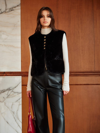 Synthetik-Pelz-Gilet Damen Rundhals Kurz Modern