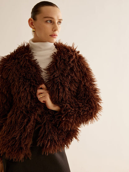 Braune Kunstfelljacke Damen Frühjahr Modell