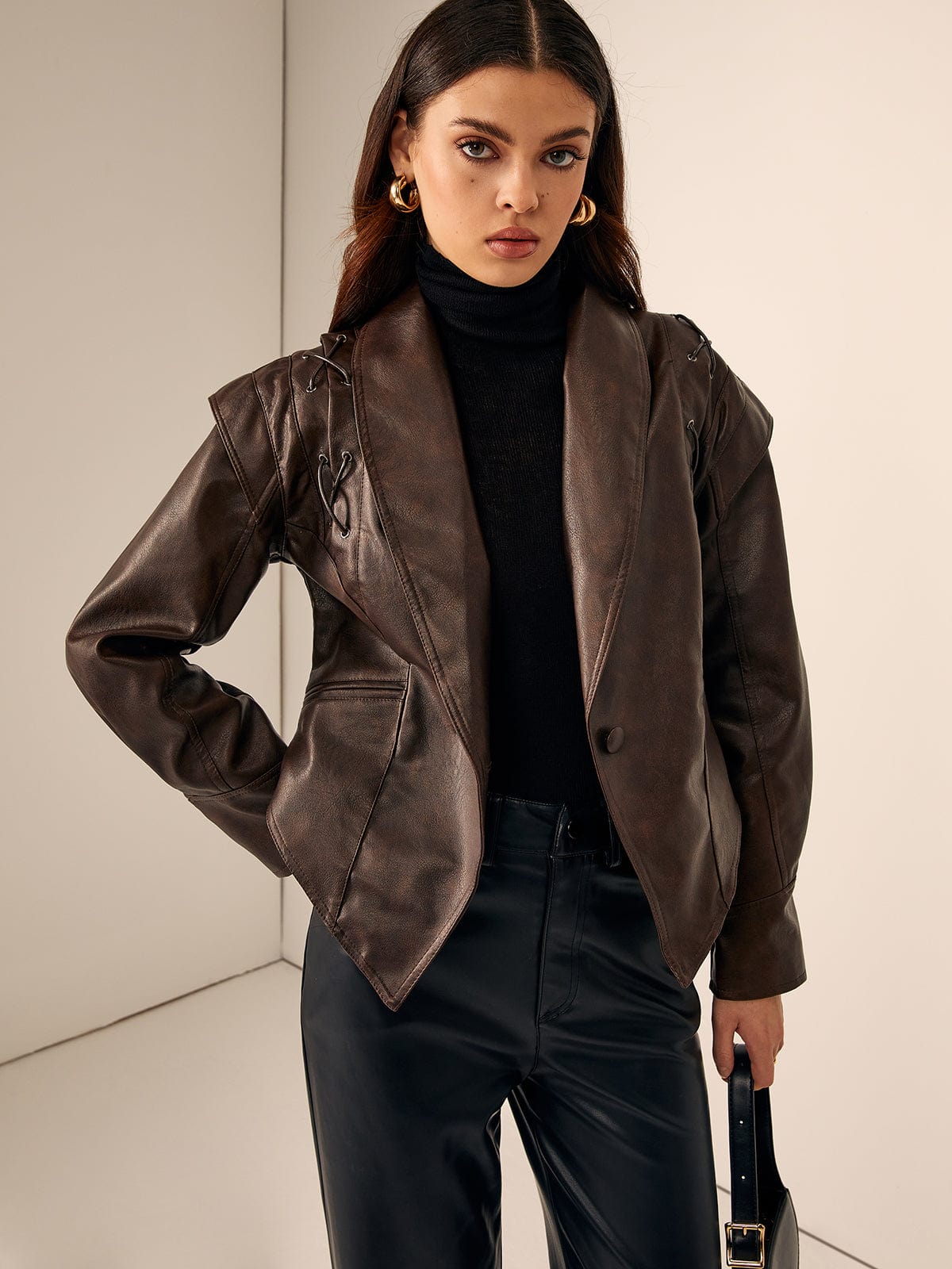 Damen Lederblazer Elegant Mit Gürtel