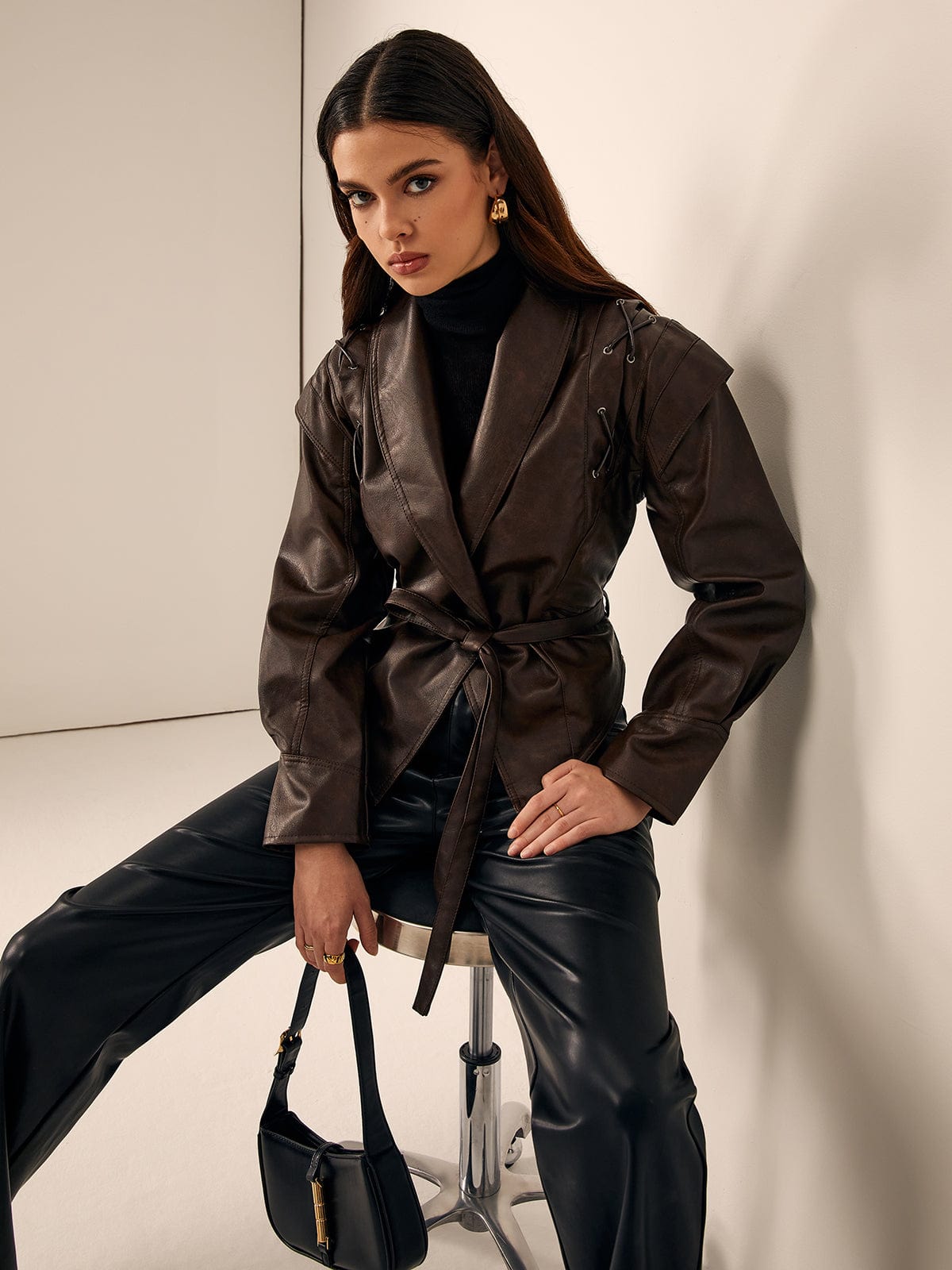 Damen Lederblazer Elegant Mit Gürtel