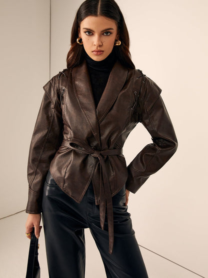 Damen Lederblazer Elegant Mit Gürtel