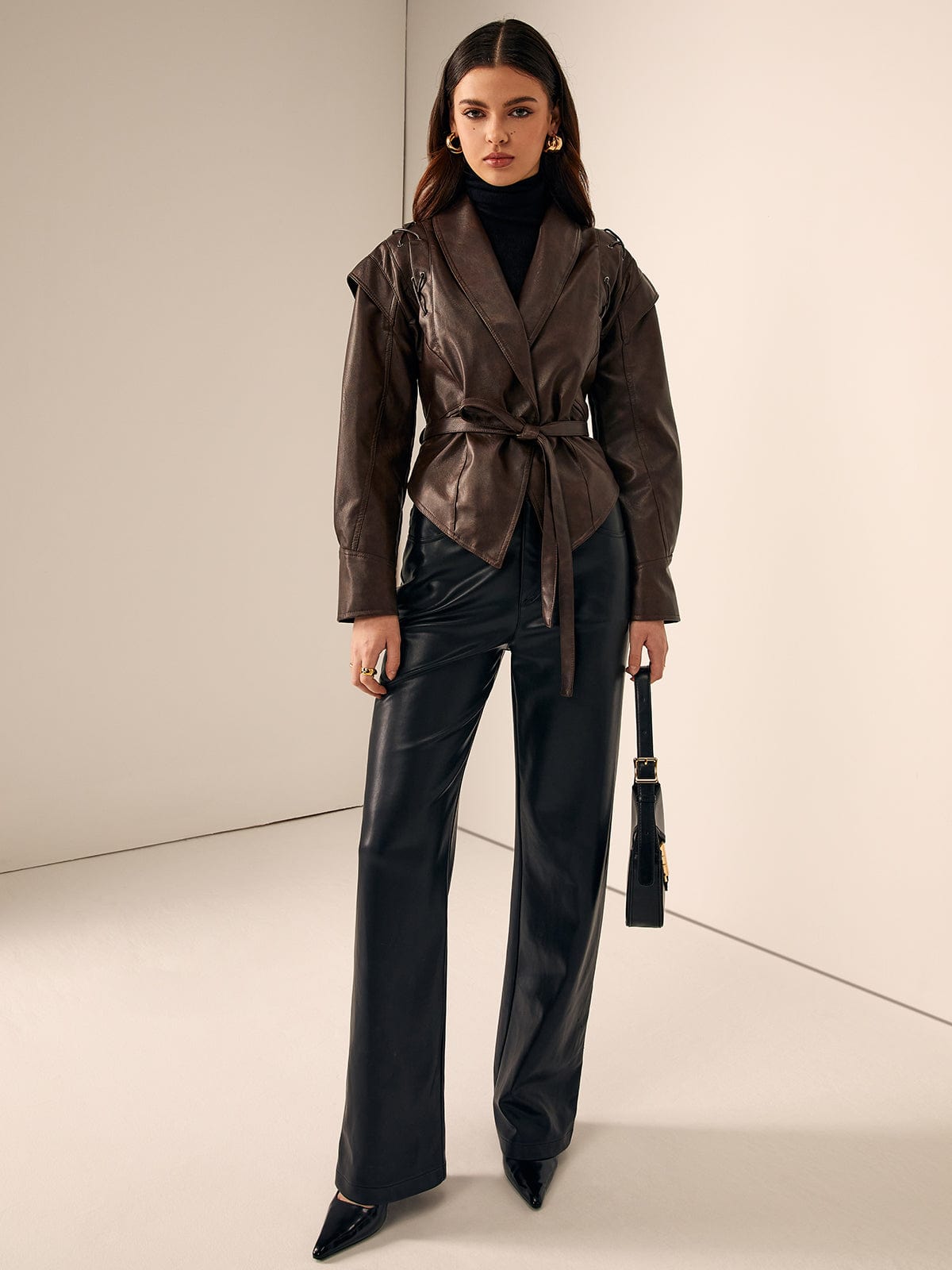 Damen Lederblazer Elegant Mit Gürtel