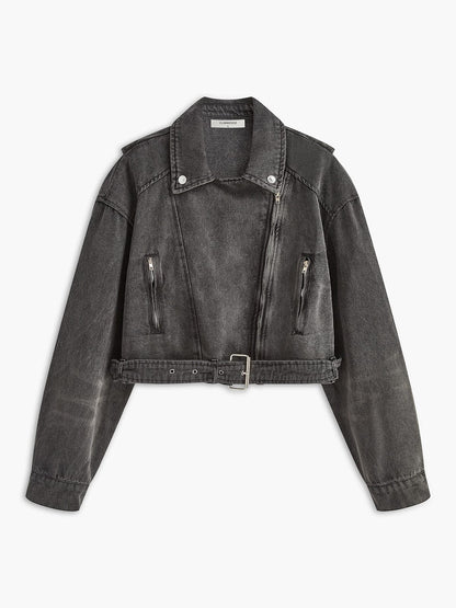 Damen Bikerjacke Cropped Denim Schwarz - Norvielle