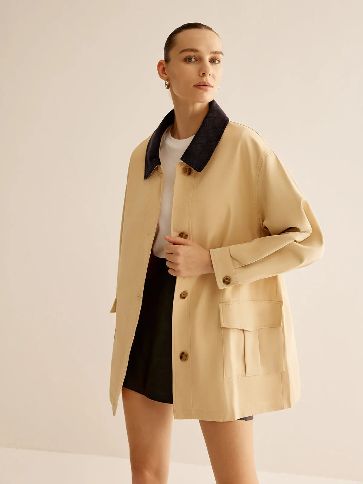 Damen Baumwolljacke Moderner Kontrastkragen Knopfverschluss - Norvielle