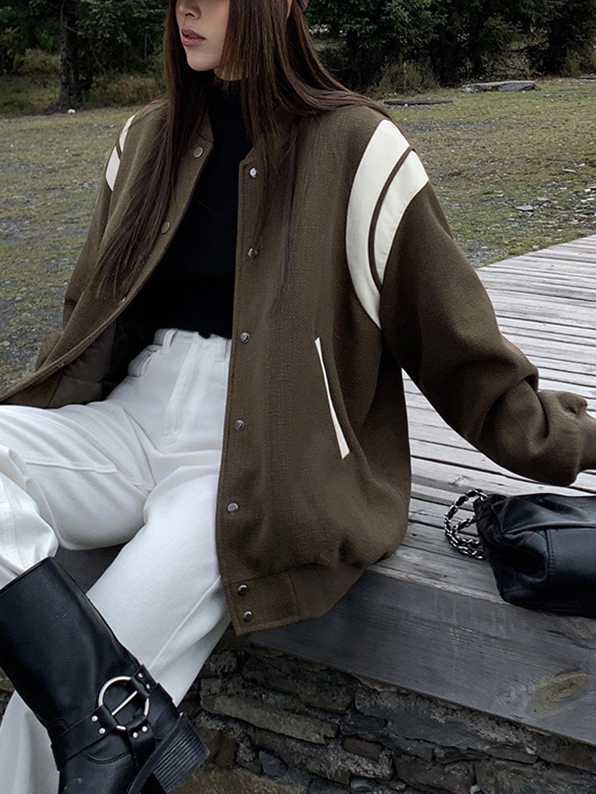 Damen Retro Varsity Jacke Lässig Gestreift