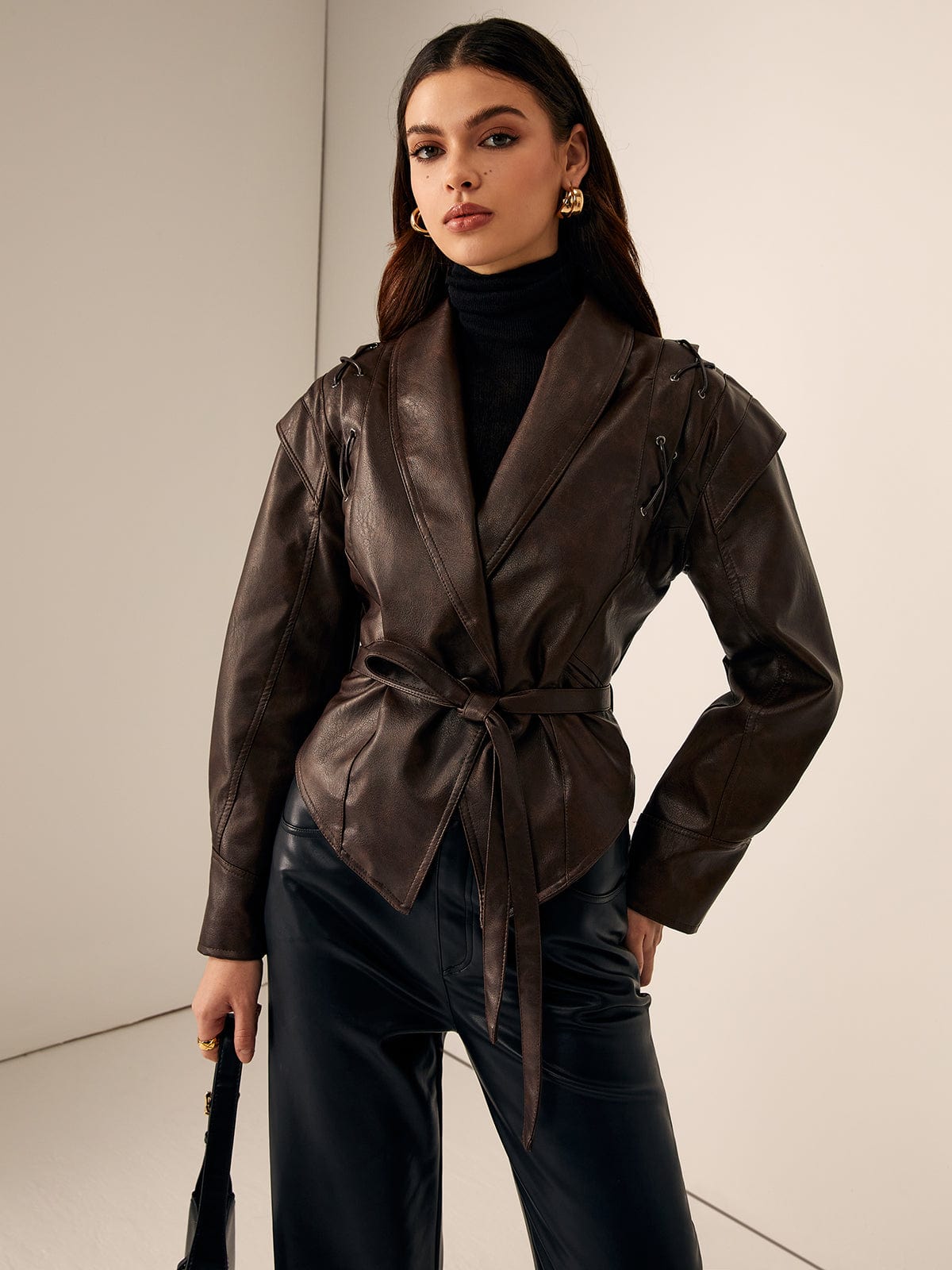 Damen Lederblazer Elegant Mit Gürtel Schwarz - Norvielle