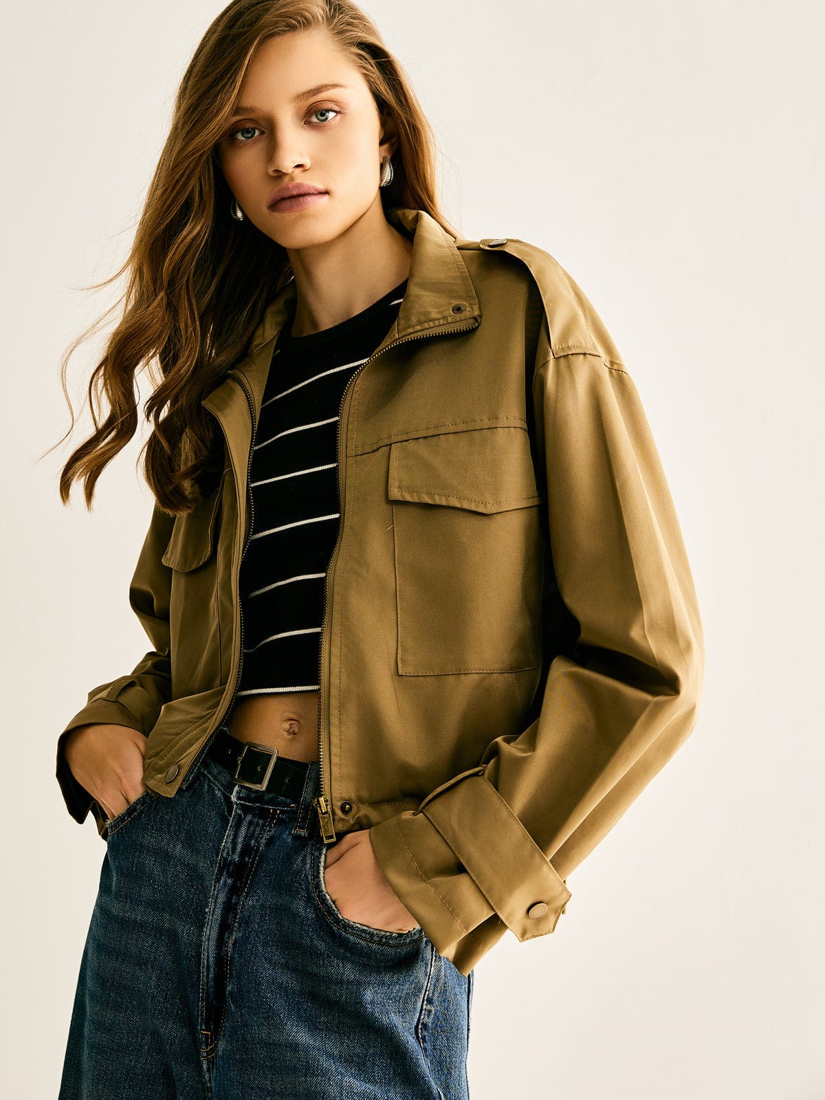 Damen Cropped Jacke Modern Lässig Schwarz - Norvielle