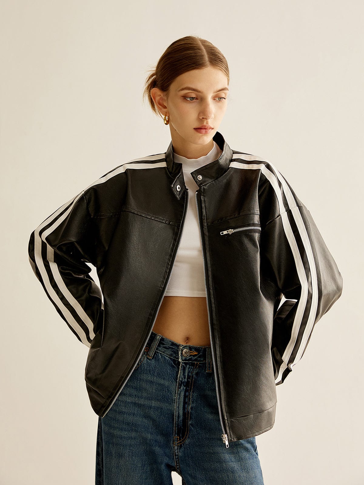Lederjacke Damen Schwarz Kontraststreifen Modern - Norvielle
