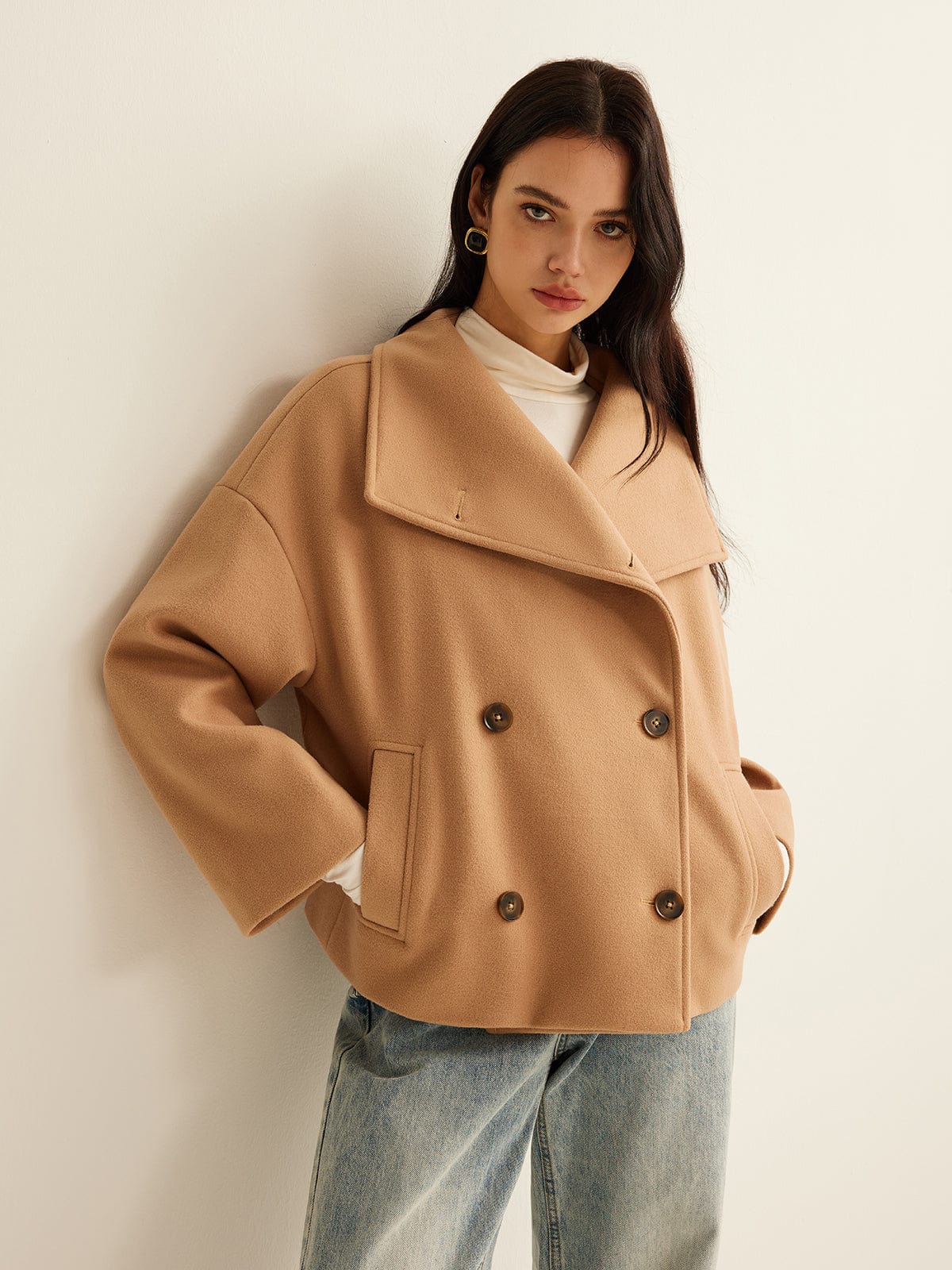 Damen Cropped Mantel Zeitlos Camel