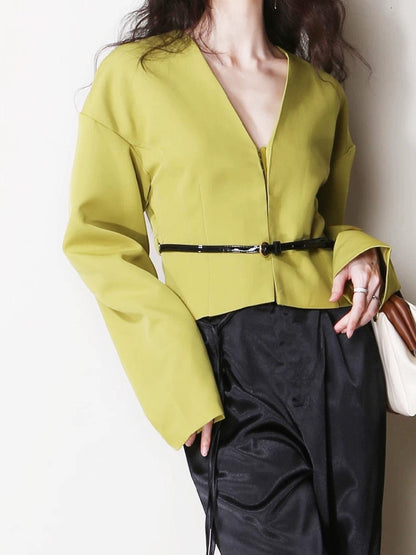 Damen Slim Fit Blazer V-Ausschnitt Mit Gürtel