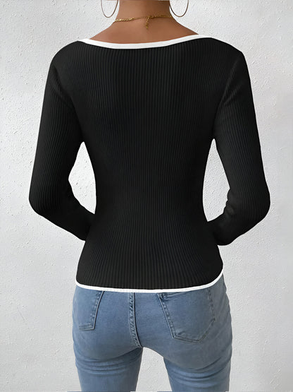 Damen Pullover V-Ausschnitt Warm Kontrastbesatz Winter