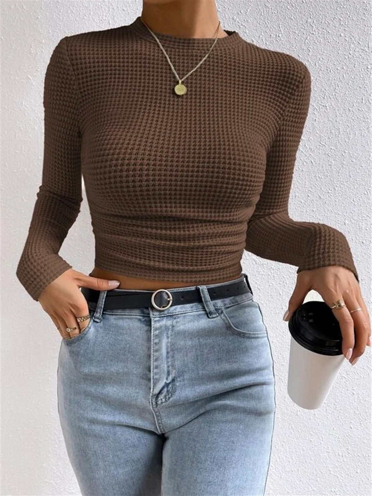 Damen Langarm Crop- Waffelstrick Sommer
