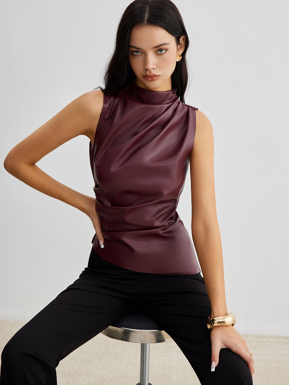 Damen Tanktop Kunstleder Modern Schwarz - Norvielle