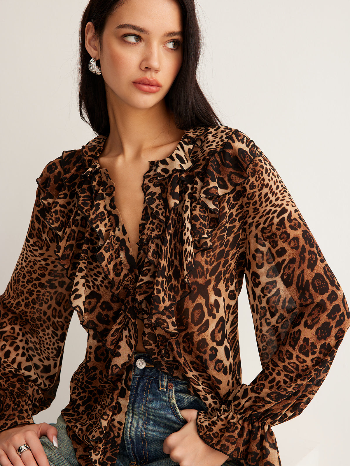 Damen Leopardenbluse Sommer Rüschenkragen Elegante - Norvielle