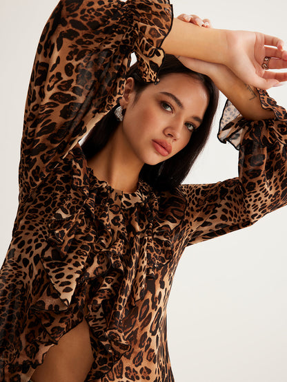 Damen Leopardenbluse Sommer Rüschenkragen Elegante
