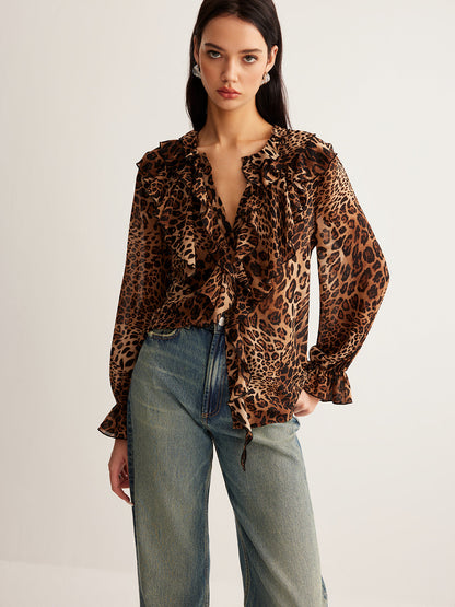 Damen Leopardenbluse Sommer Rüschenkragen Elegante