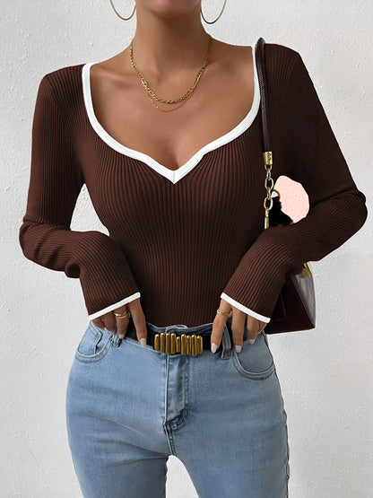 Damen Pullover V-Ausschnitt Warm Kontrastbesatz Winter