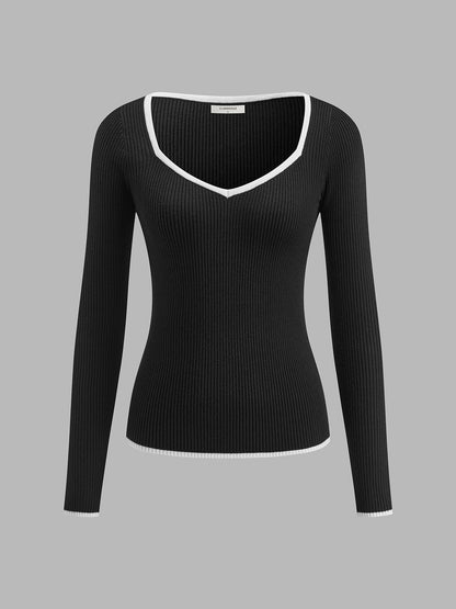 Damen Pullover V-Ausschnitt Warm Kontrastbesatz Winter