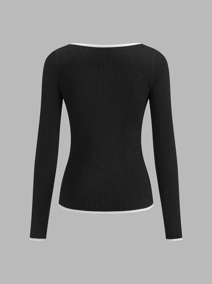 Damen Pullover V-Ausschnitt Warm Kontrastbesatz Winter