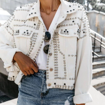 Damen Lederjacke Nieten Kurz Modern