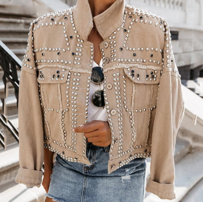 Damen Lederjacke Nieten Kurz Modern