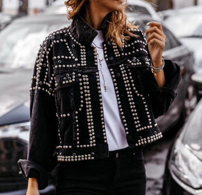 Damen Lederjacke Nieten Kurz Modern