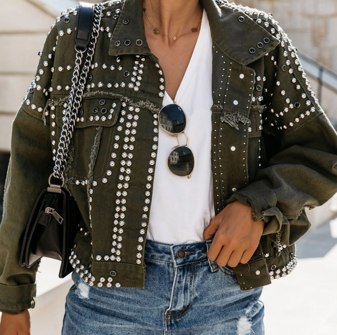 Damen Lederjacke Nieten Kurz Modern