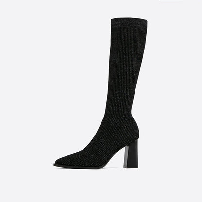 Damen Stiefel Knielang Spitze Absatz Heidi Stil
