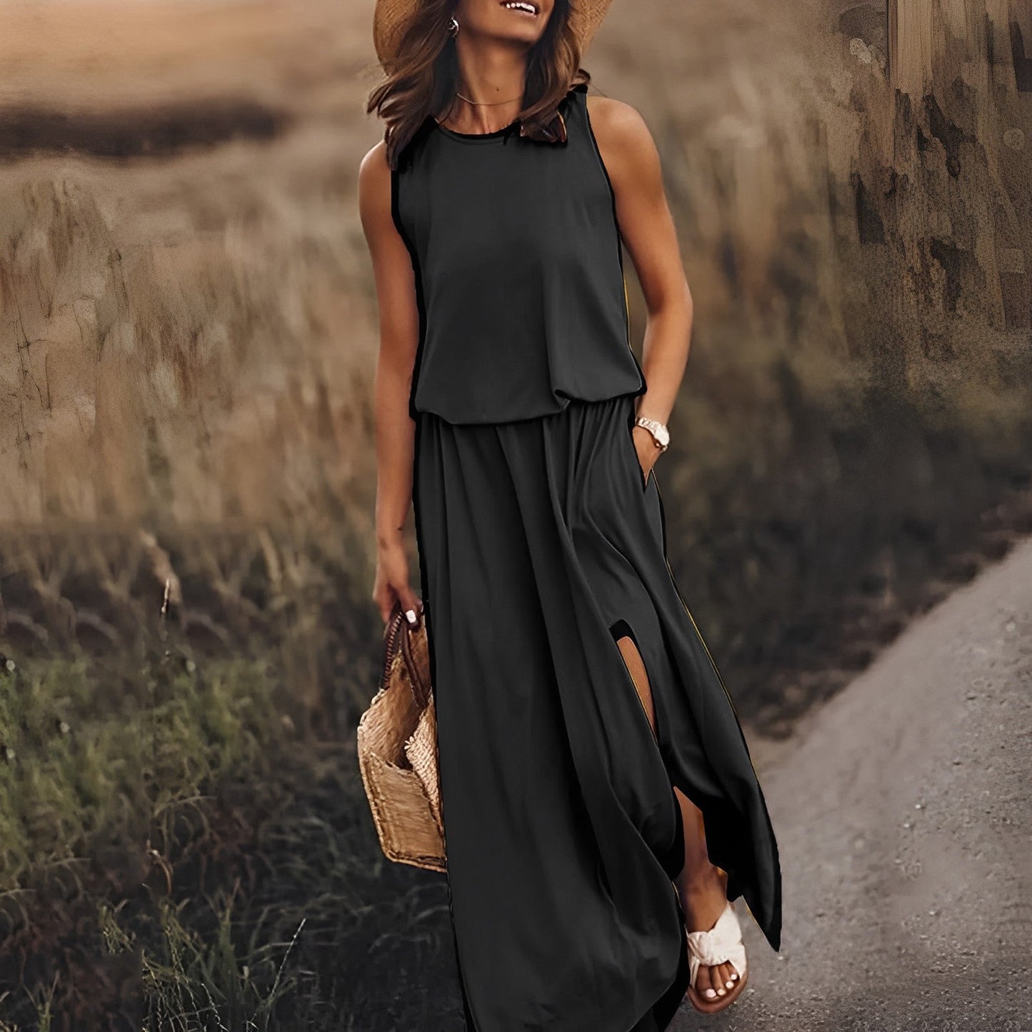 Damenkleid mit Schlitzaufschlag und Doppeltaschen
