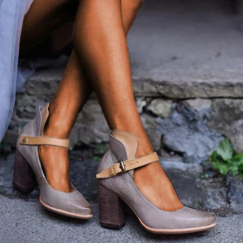 Damen High Heel Pumps Dicker Absatz Knöchelriemen