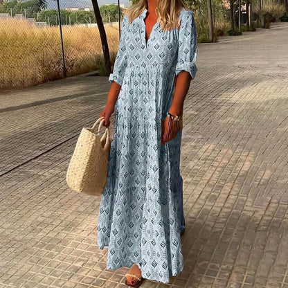 Damen Sommerkleid Langarm Boho Print