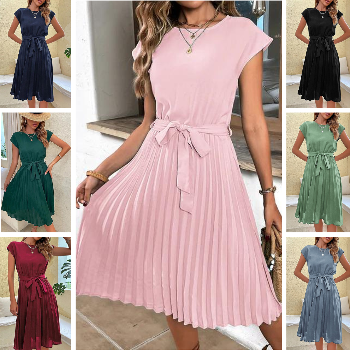 Damen Sommerkleid Plissiert Kurzärmelig