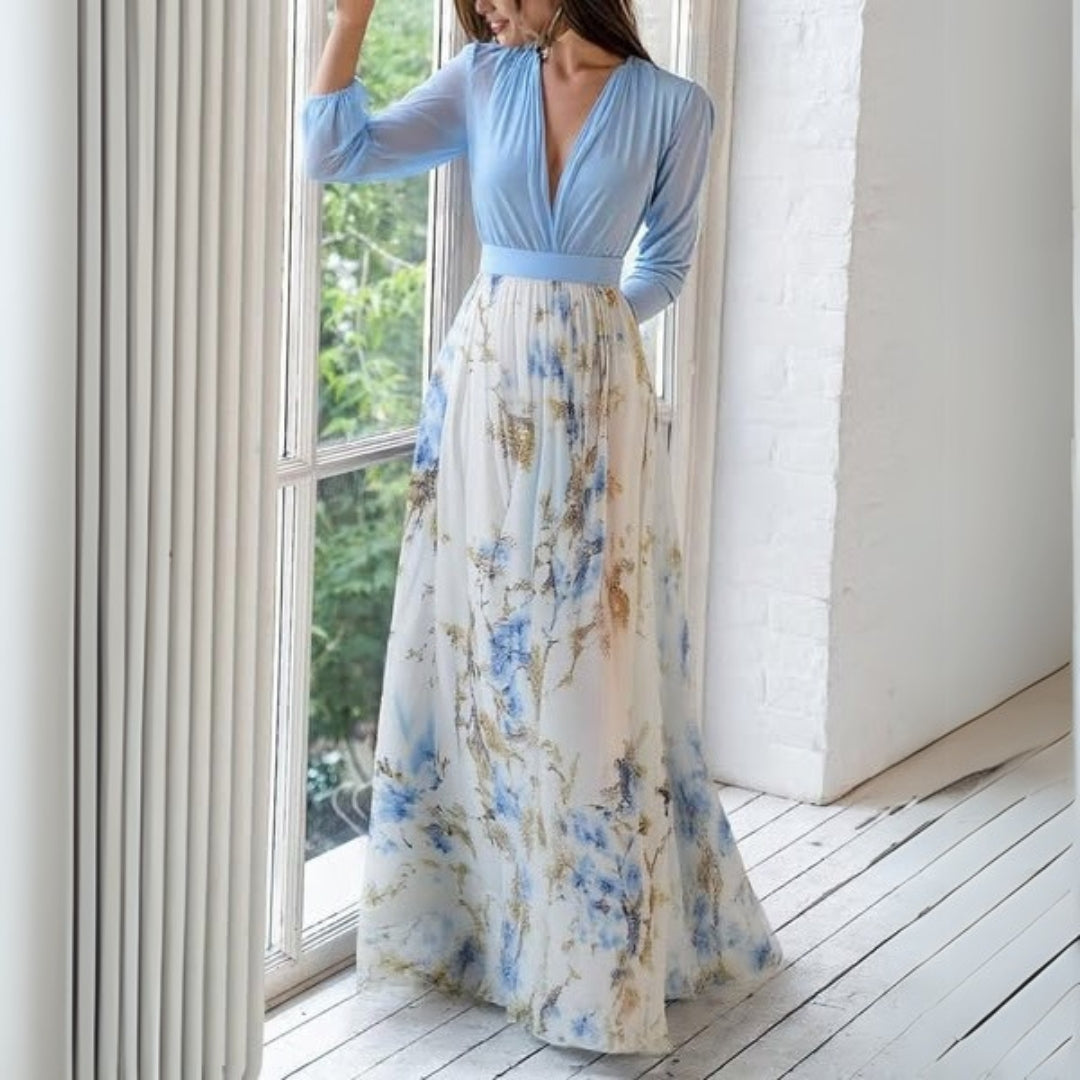 Damen Maxikleid Blumenmuster V-Ausschnitt Sommer