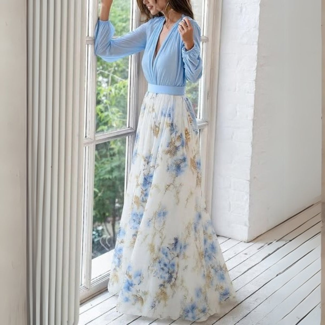Damen Maxikleid Blumenmuster V-Ausschnitt Sommer