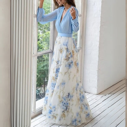 Damen Maxikleid Blumenmuster V-Ausschnitt Sommer