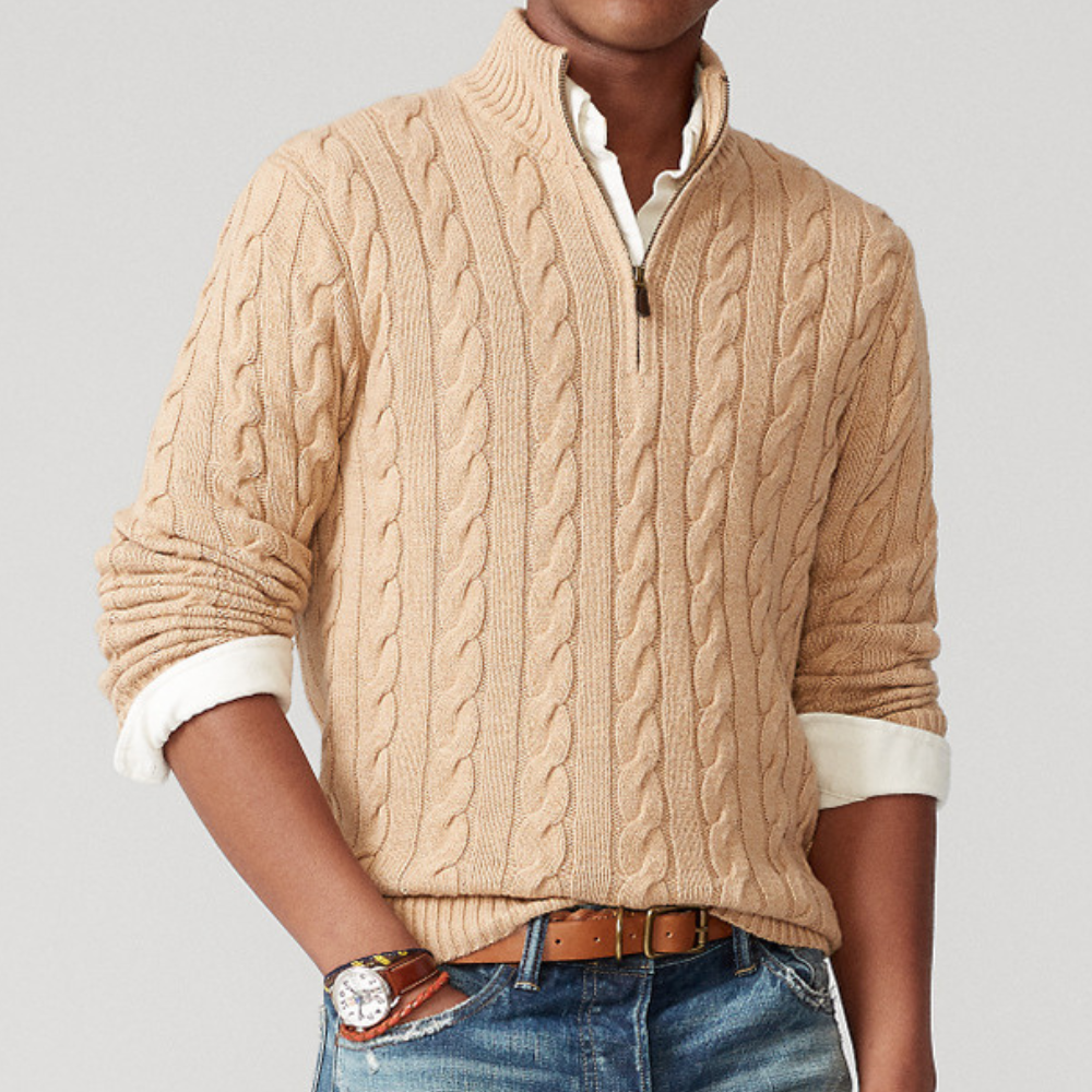 Herren Strickpullover Viertelzip Zopfmuster Frühjahr