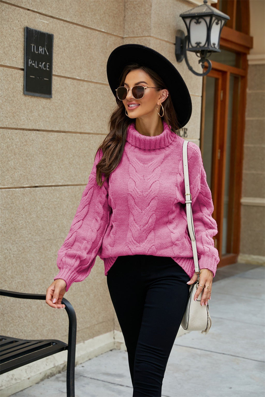 Damen Rollkragenpullover Zopfmuster Strick