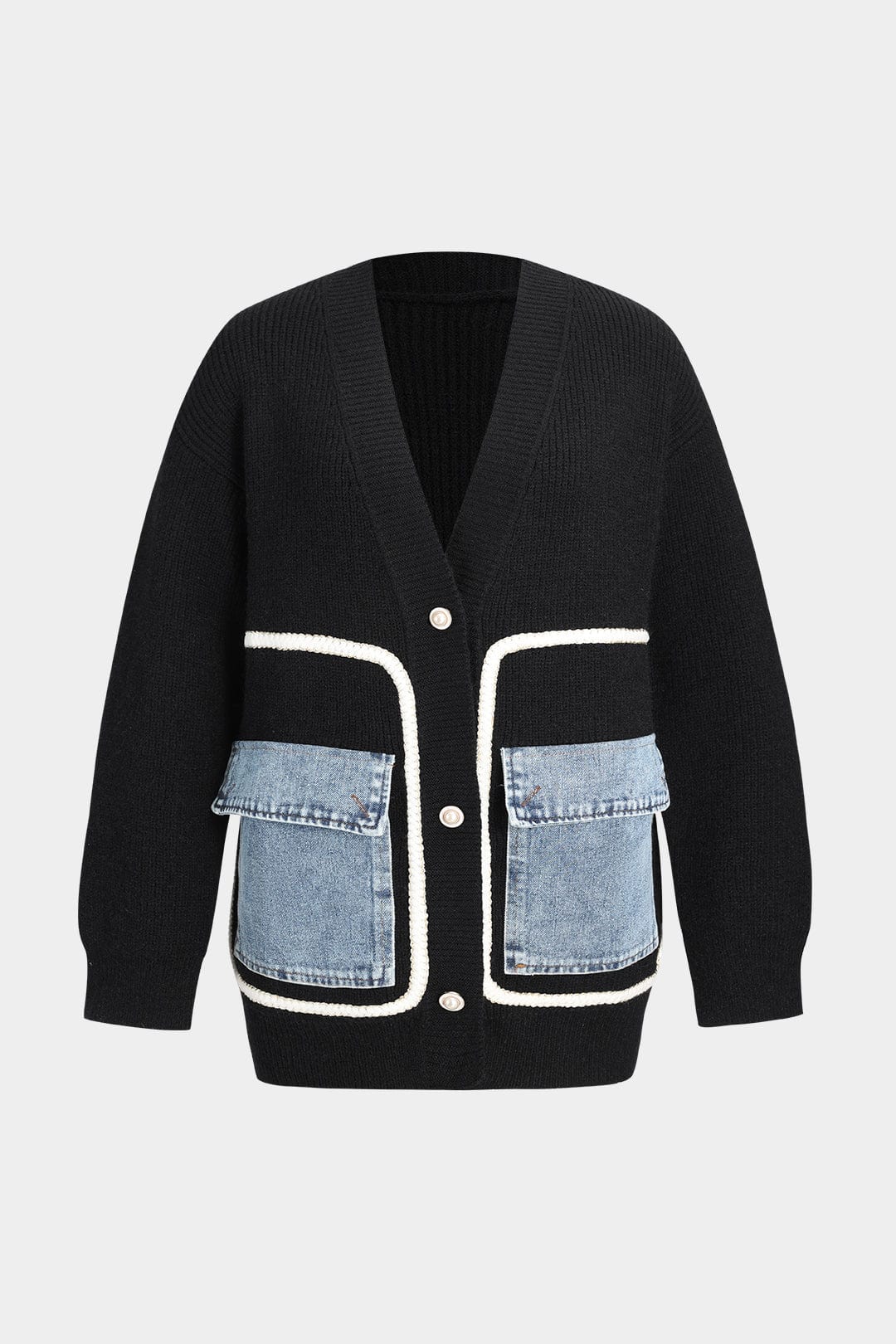 Damen Strickcardigan Schwarz Denim Patches - Norvielle