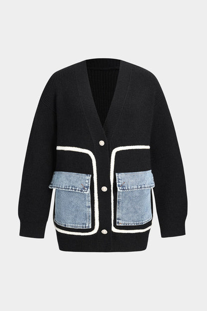 Damen Strickcardigan Schwarz Denim Patches - Norvielle