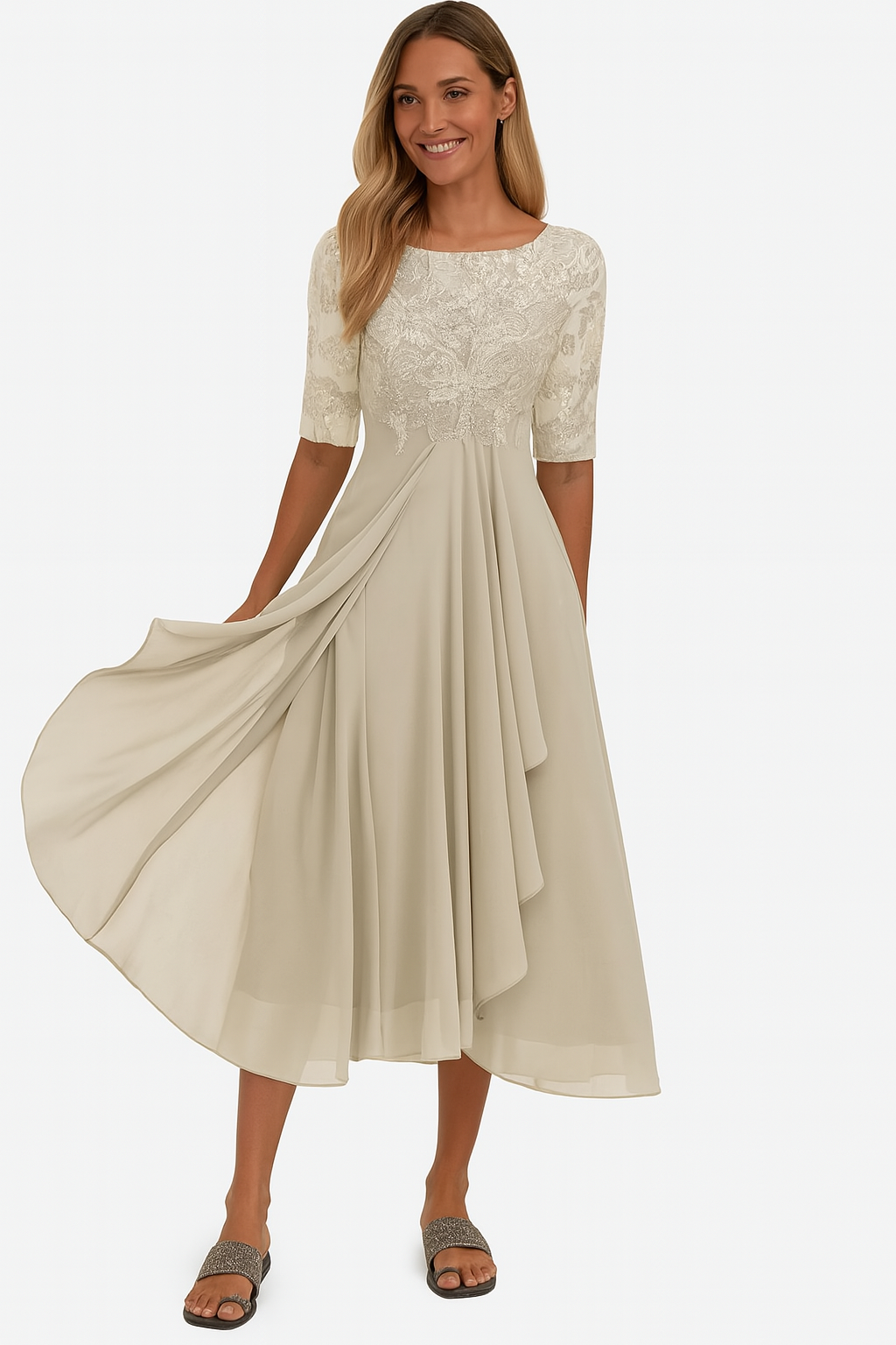 Damen A-Linie Spitzenkleid Midi Schwarz Elegantes - Norvielle