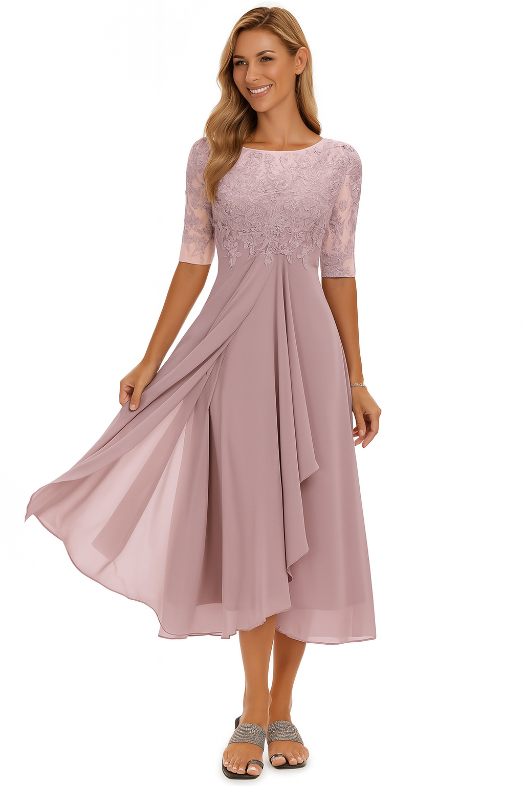 Damen A-Linie Spitzenkleid Midi Elegantes